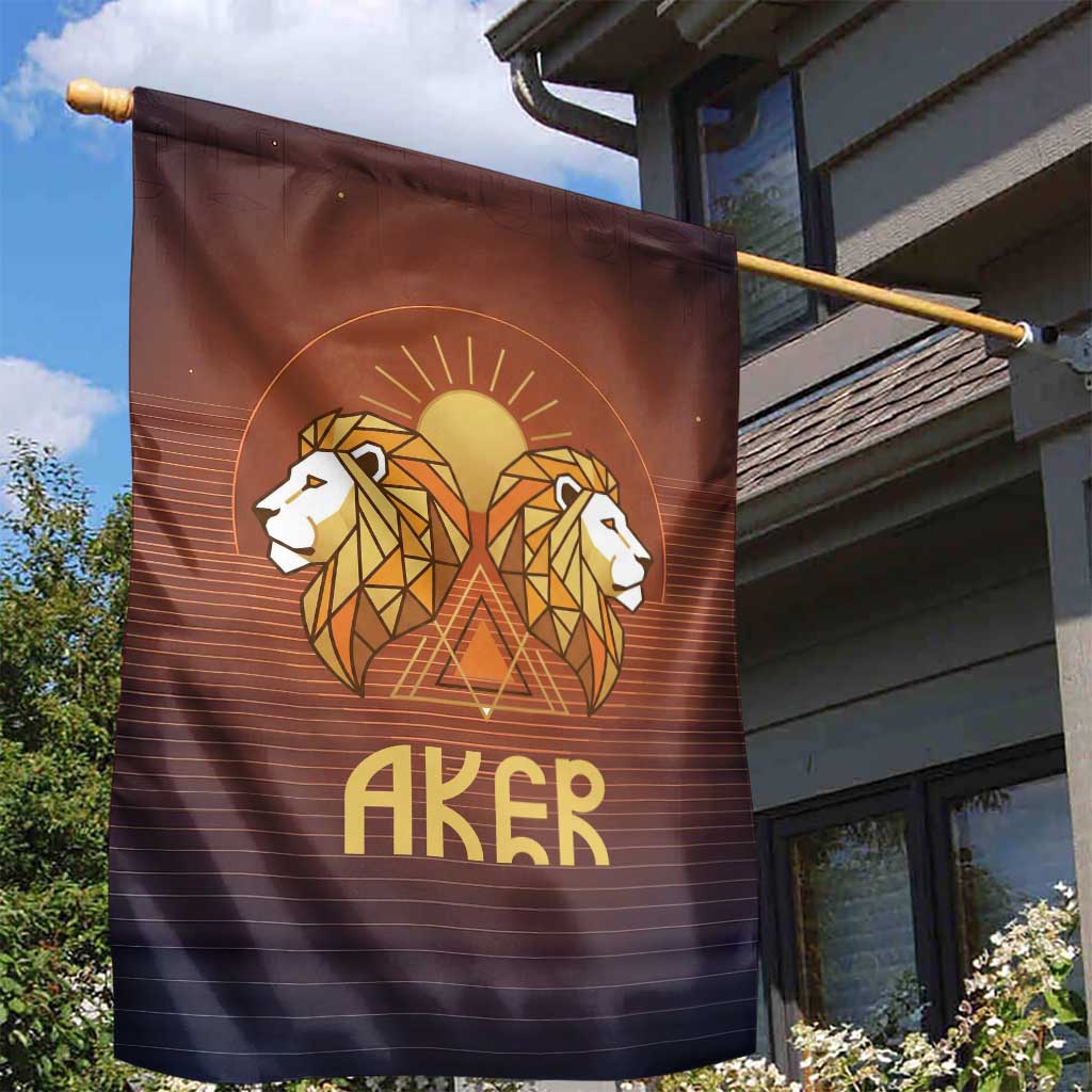 Aker Garden Flag Ancient Egyptian Sunset Gradient, Twin Lion Guardians, and Solar Disc - Wonder Print Shop