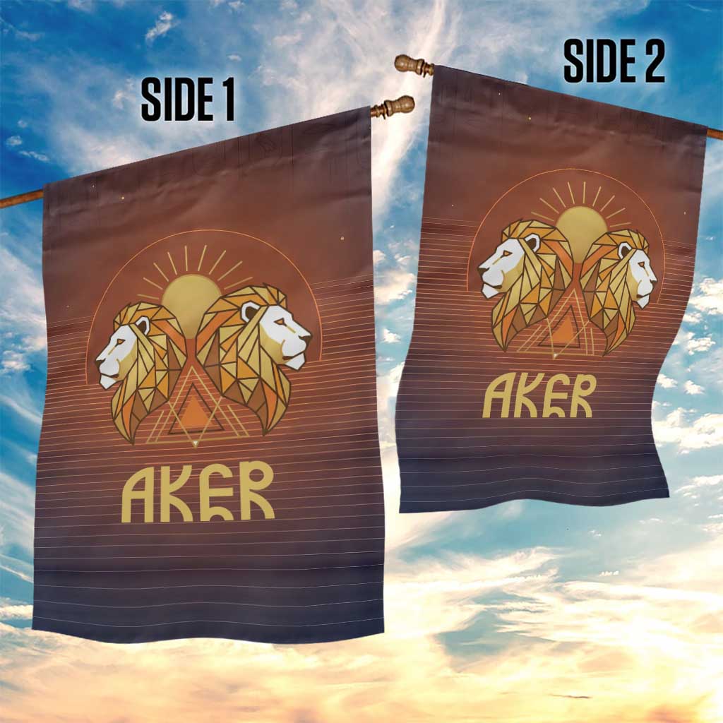 Aker Garden Flag Ancient Egyptian Sunset Gradient, Twin Lion Guardians, and Solar Disc - Wonder Print Shop