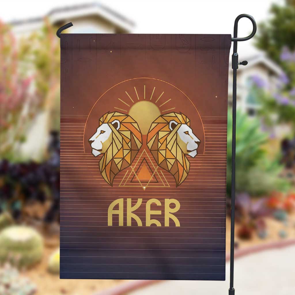 Aker Garden Flag Ancient Egyptian Sunset Gradient, Twin Lion Guardians, and Solar Disc - Wonder Print Shop