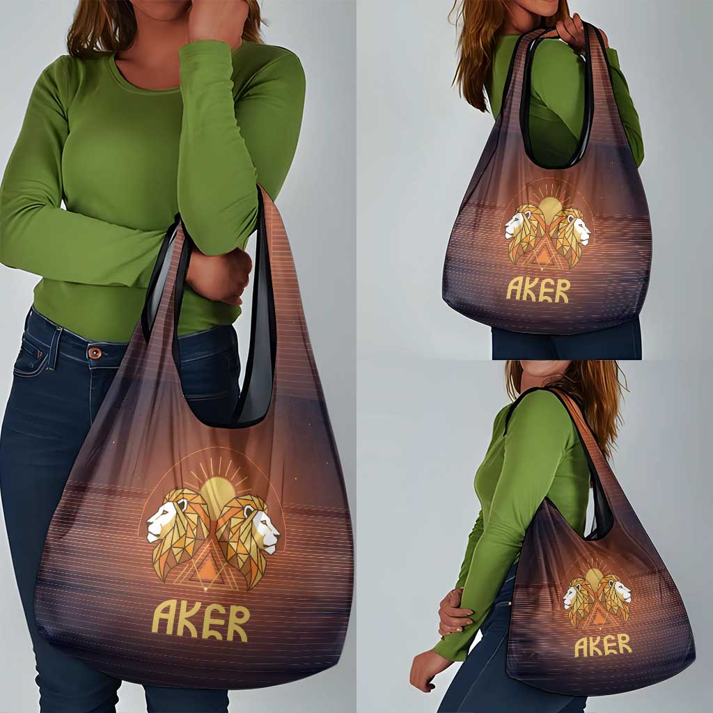 Aker Grocery Bag Ancient Egyptian Sunset Gradient, Twin Lion Guardians, and Solar Disc - Wonder Print Shop