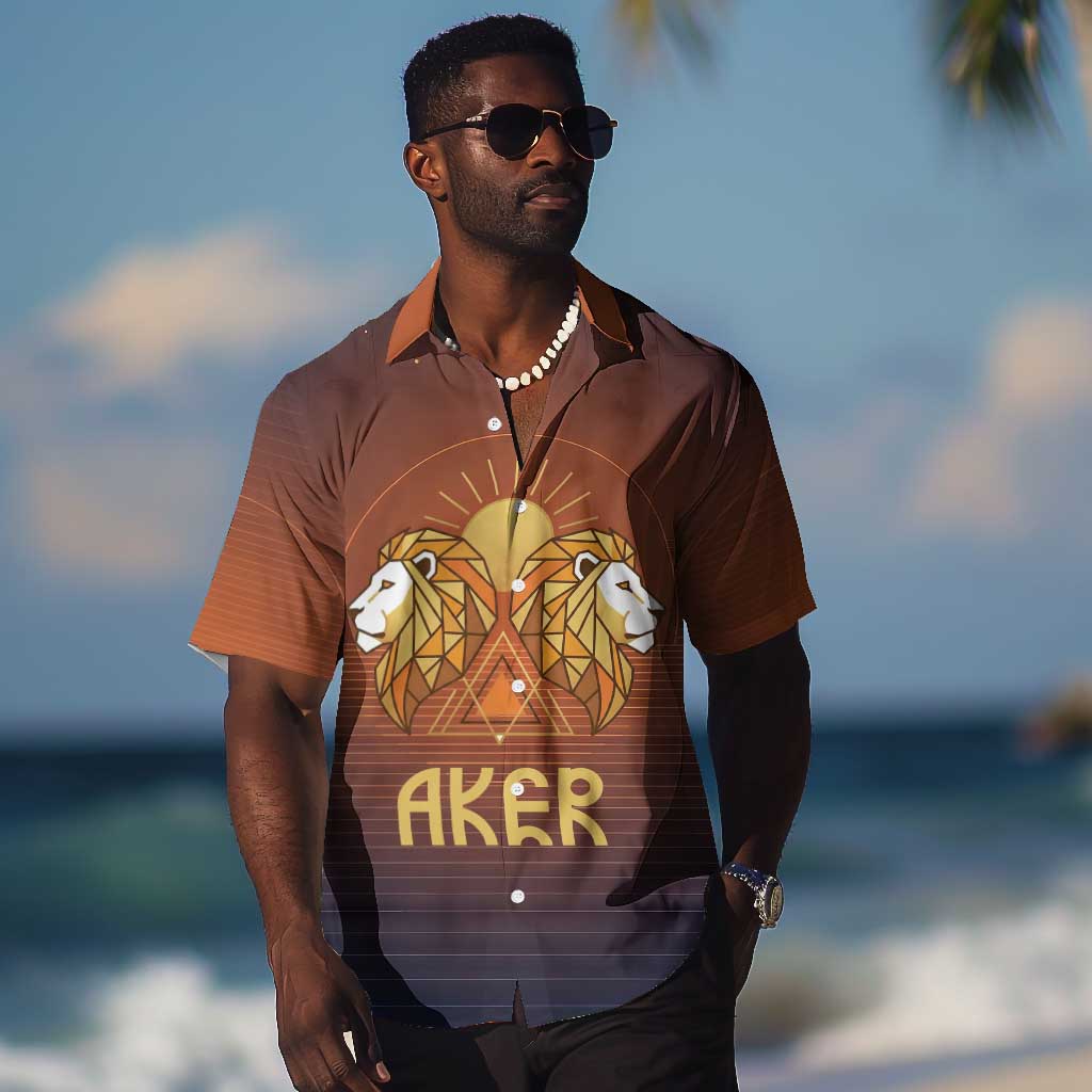 Aker Hawaiian Shirt Ancient Egyptian Sunset Gradient, Twin Lion Guardians, and Solar Disc - Wonder Print Shop