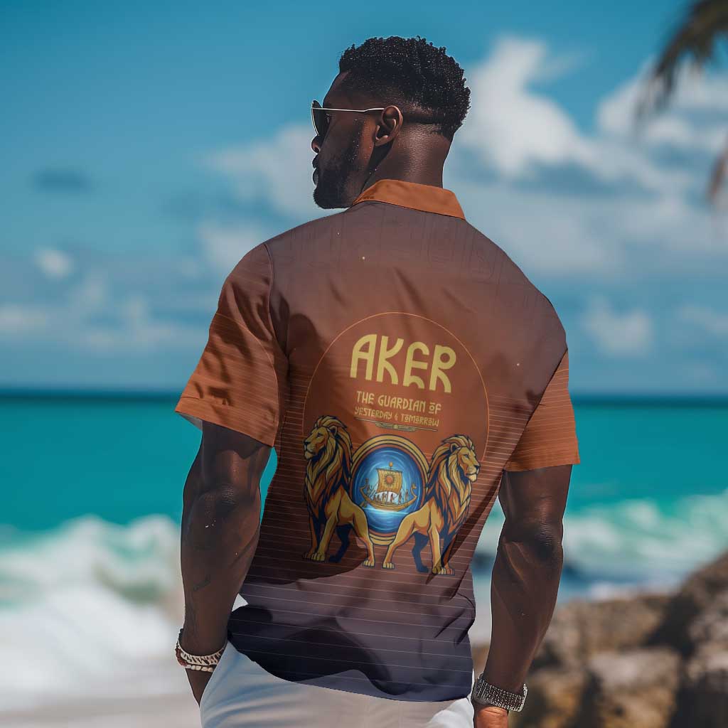 Aker Hawaiian Shirt Ancient Egyptian Sunset Gradient, Twin Lion Guardians, and Solar Disc - Wonder Print Shop