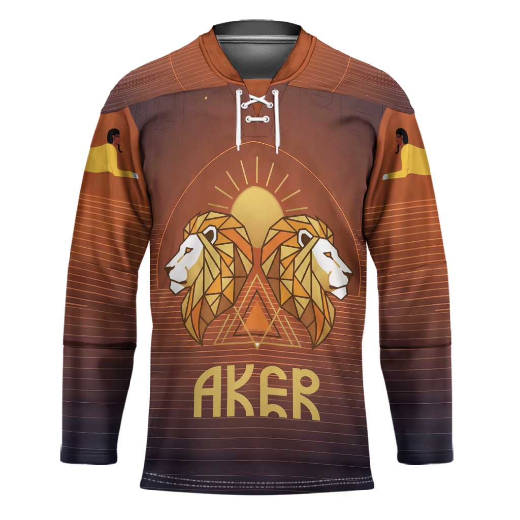 Aker Hockey Jersey Ancient Egyptian Sunset Gradient, Twin Lion Guardians, and Solar Disc - Wonder Print Shop