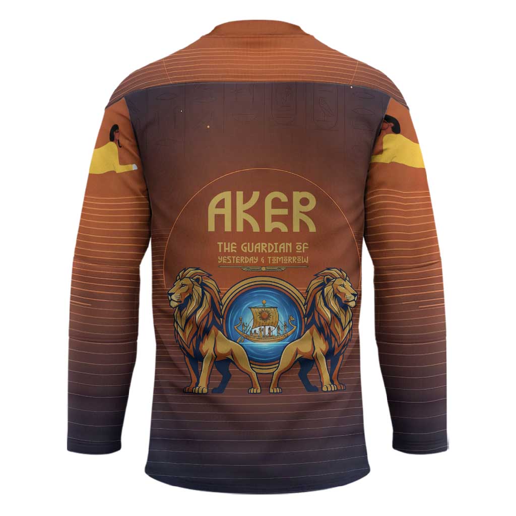 Aker Hockey Jersey Ancient Egyptian Sunset Gradient, Twin Lion Guardians, and Solar Disc - Wonder Print Shop