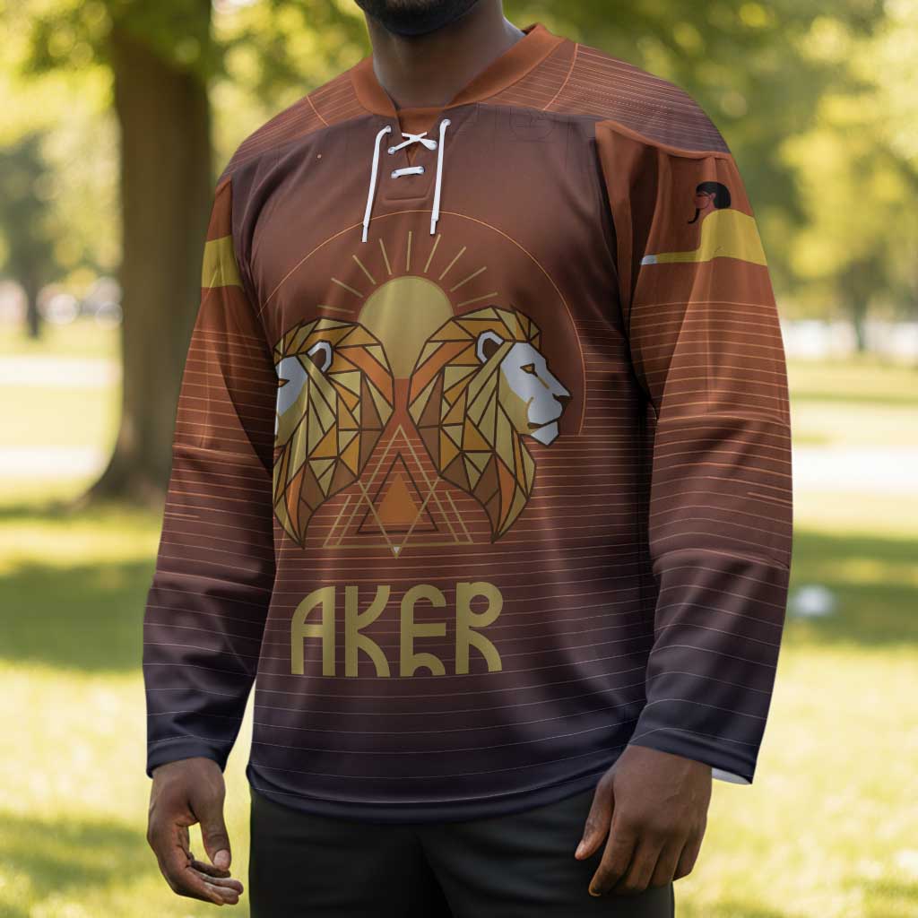 Aker Hockey Jersey Ancient Egyptian Sunset Gradient, Twin Lion Guardians, and Solar Disc - Wonder Print Shop