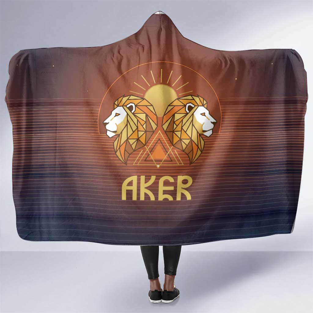 Aker Hooded Blanket Ancient Egyptian Sunset Gradient, Twin Lion Guardians, and Solar Disc - Wonder Print Shop