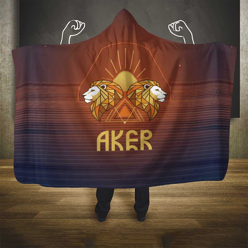 Aker Hooded Blanket Ancient Egyptian Sunset Gradient, Twin Lion Guardians, and Solar Disc - Wonder Print Shop
