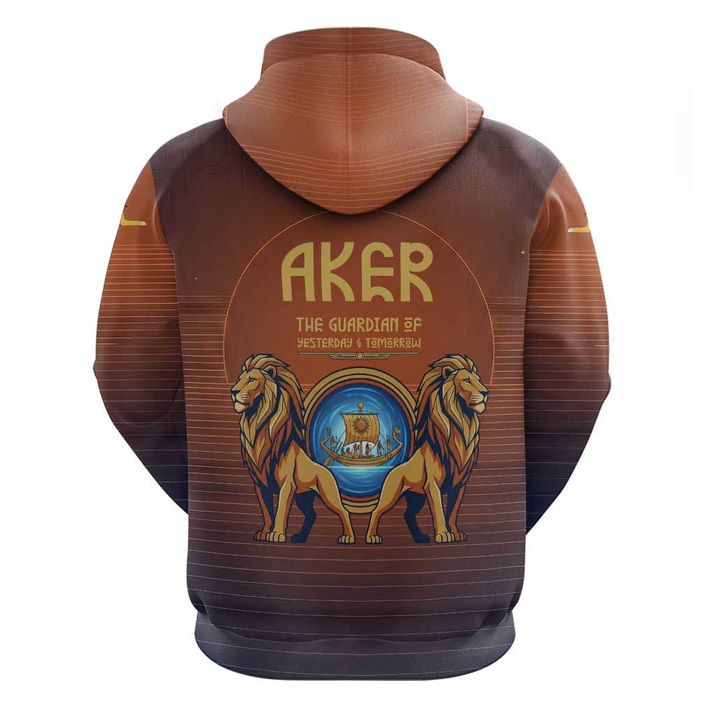 Aker Hoodie Ancient Egyptian Sunset Gradient, Twin Lion Guardians, and Solar Disc - Wonder Print Shop