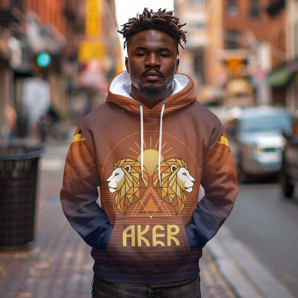 Aker Hoodie Ancient Egyptian Sunset Gradient, Twin Lion Guardians, and Solar Disc - Wonder Print Shop