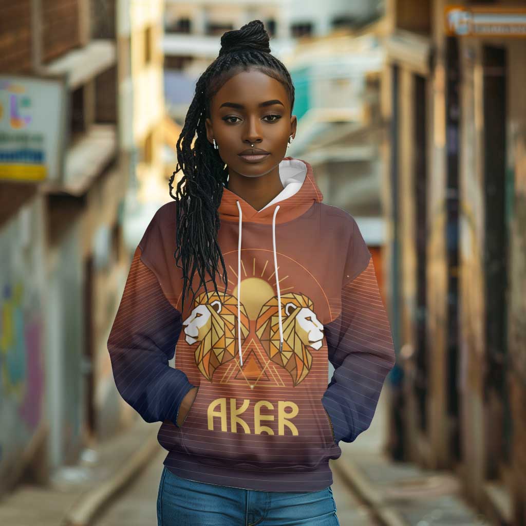 Aker Hoodie Ancient Egyptian Sunset Gradient, Twin Lion Guardians, and Solar Disc - Wonder Print Shop