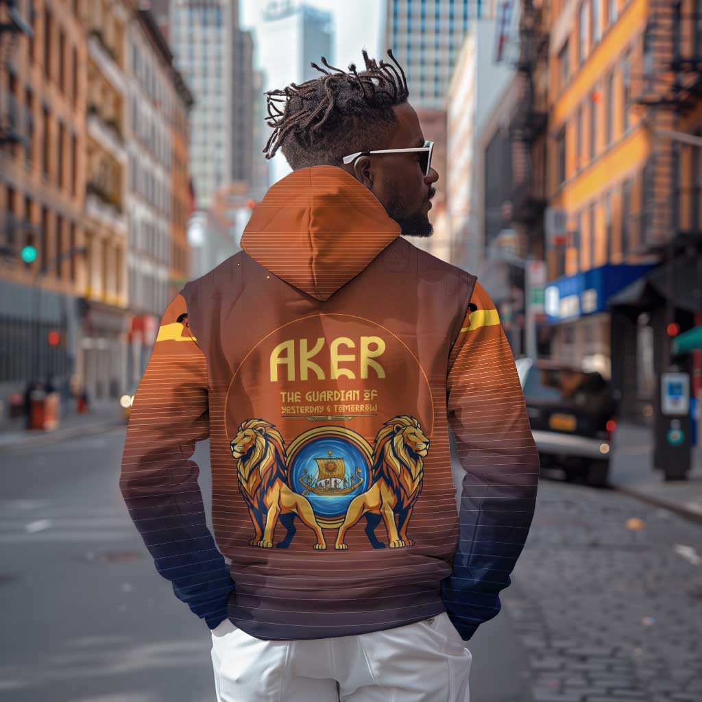 Aker Hoodie Ancient Egyptian Sunset Gradient, Twin Lion Guardians, and Solar Disc - Wonder Print Shop