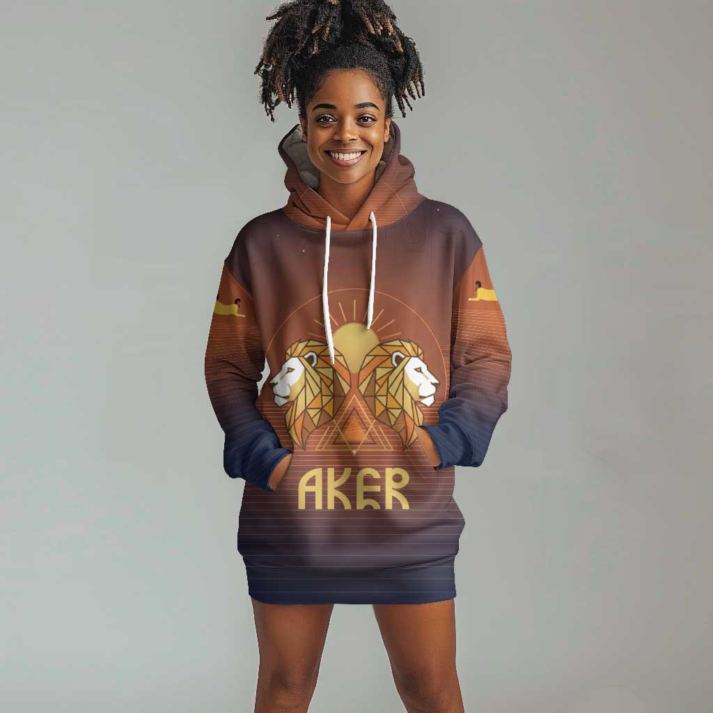 Aker Hoodie Dress Ancient Egyptian Sunset Gradient, Twin Lion Guardians, and Solar Disc - Wonder Print Shop