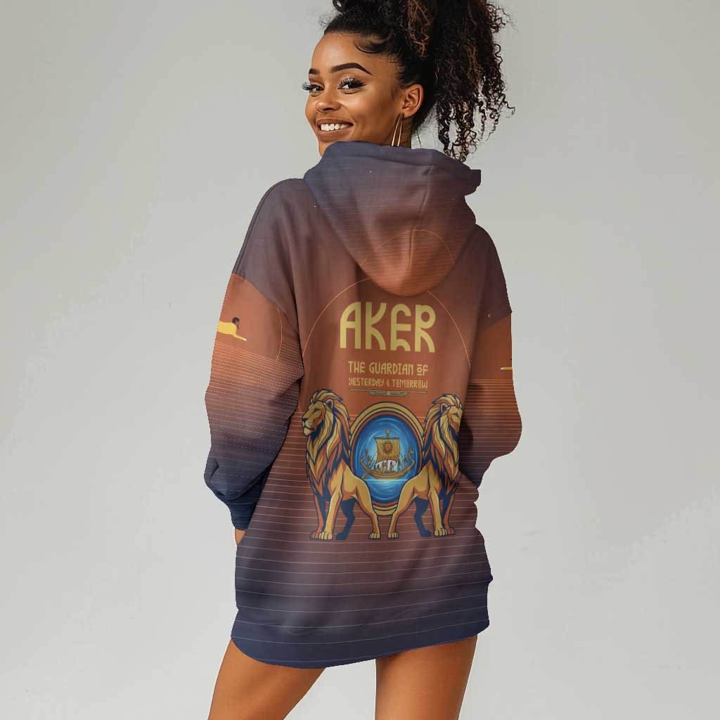 Aker Hoodie Dress Ancient Egyptian Sunset Gradient, Twin Lion Guardians, and Solar Disc - Wonder Print Shop