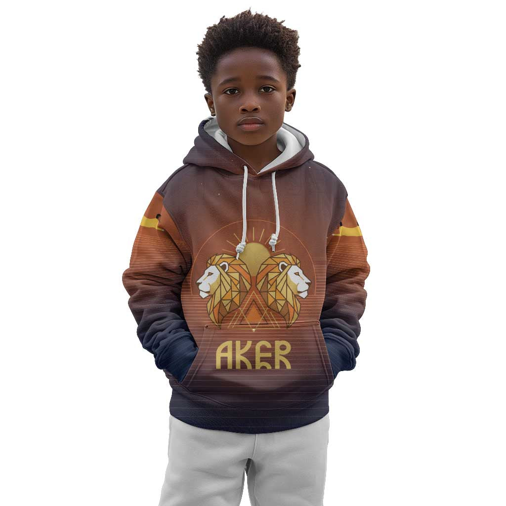 Aker Kid Hoodie Ancient Egyptian Sunset Gradient, Twin Lion Guardians, and Solar Disc - Wonder Print Shop