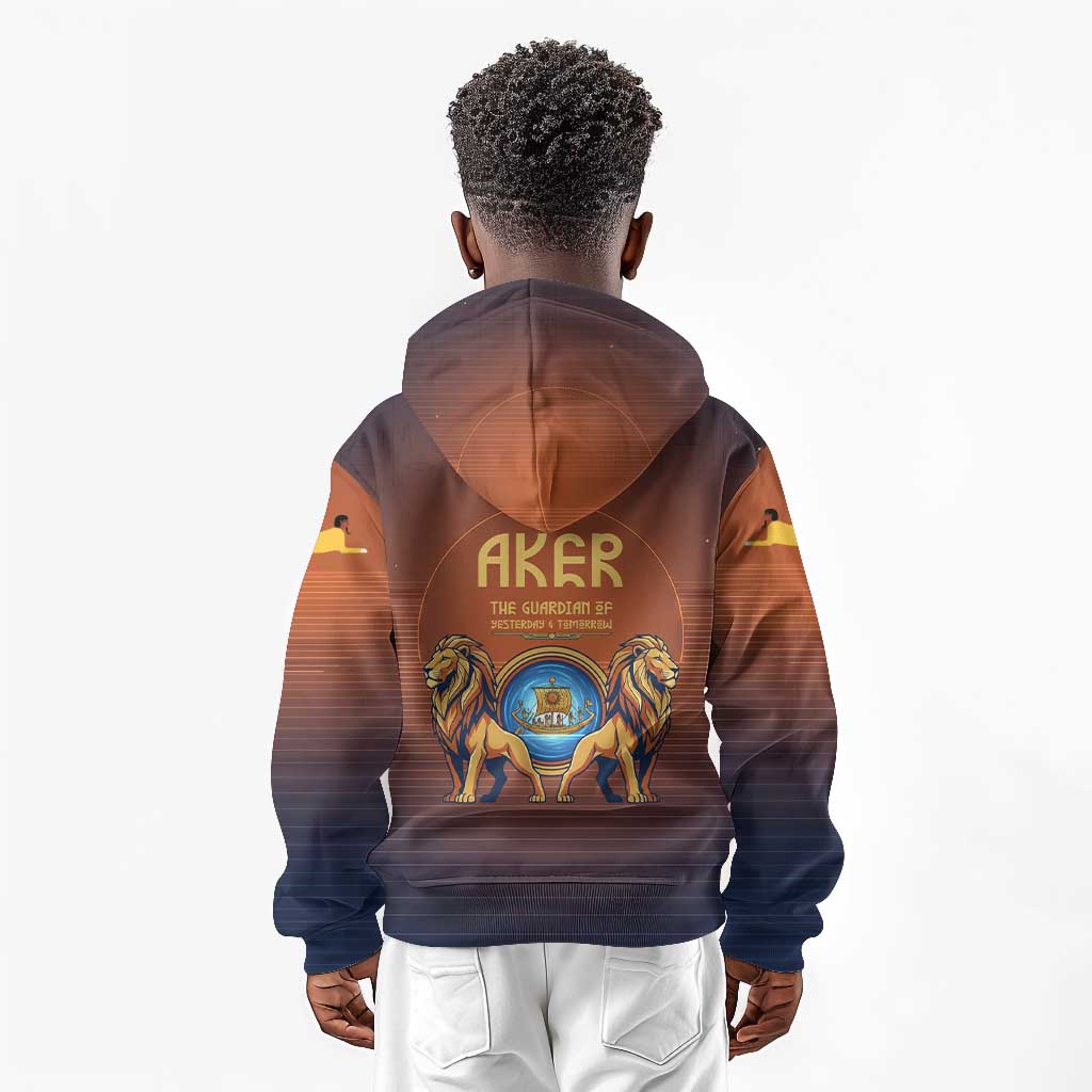 Aker Kid Hoodie Ancient Egyptian Sunset Gradient, Twin Lion Guardians, and Solar Disc - Wonder Print Shop