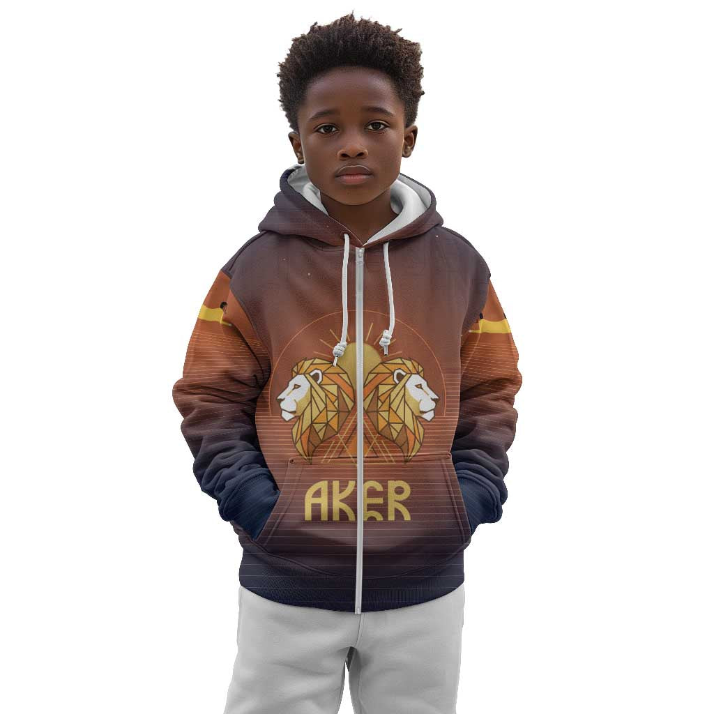 Aker Kid Hoodie Ancient Egyptian Sunset Gradient, Twin Lion Guardians, and Solar Disc - Wonder Print Shop