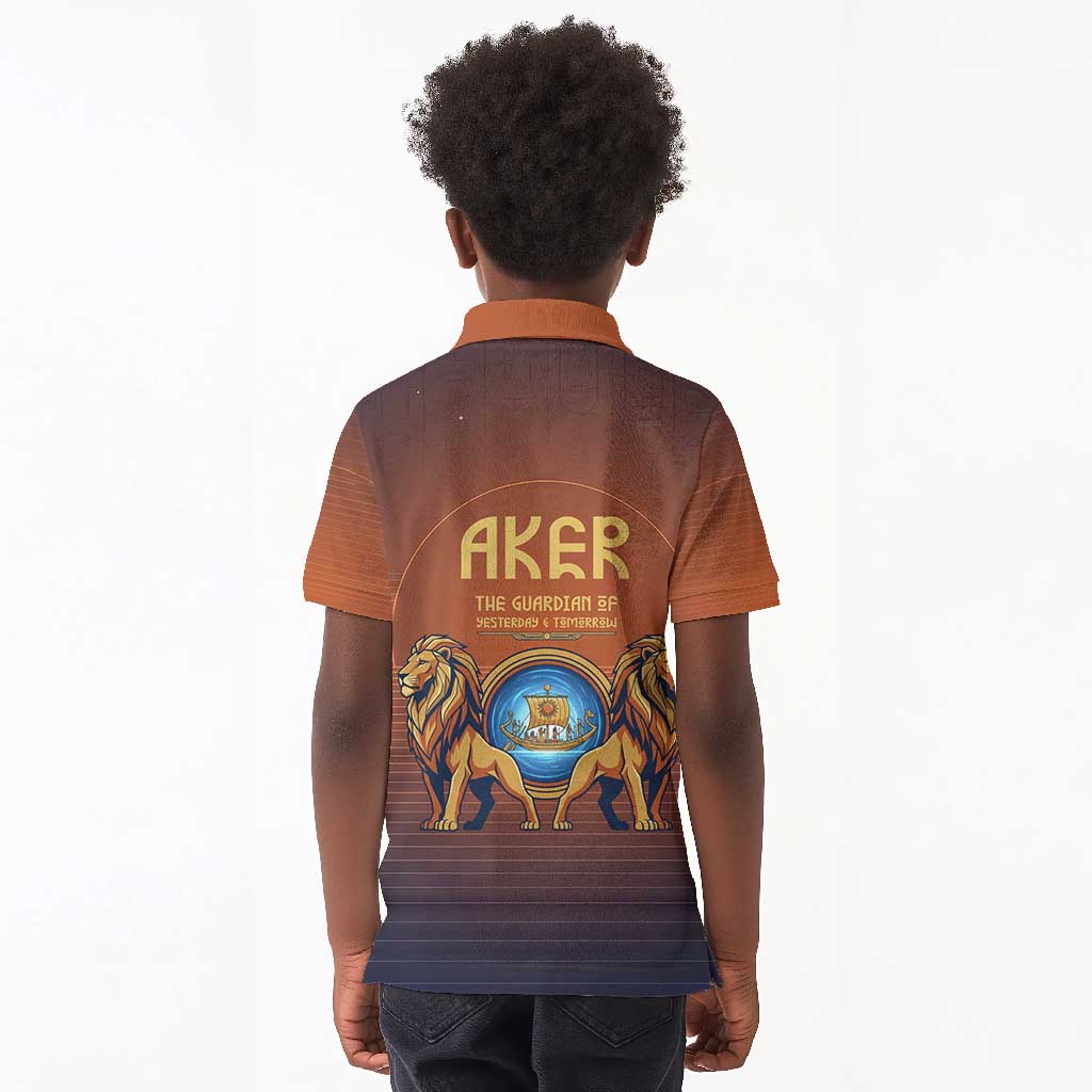 Aker Kid Polo Shirt Ancient Egyptian Sunset Gradient, Twin Lion Guardians, and Solar Disc - Wonder Print Shop