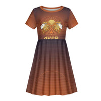 Aker Kid Short Sleeve Dress Ancient Egyptian Sunset Gradient, Twin Lion Guardians, and Solar Disc - Wonder Print Shop