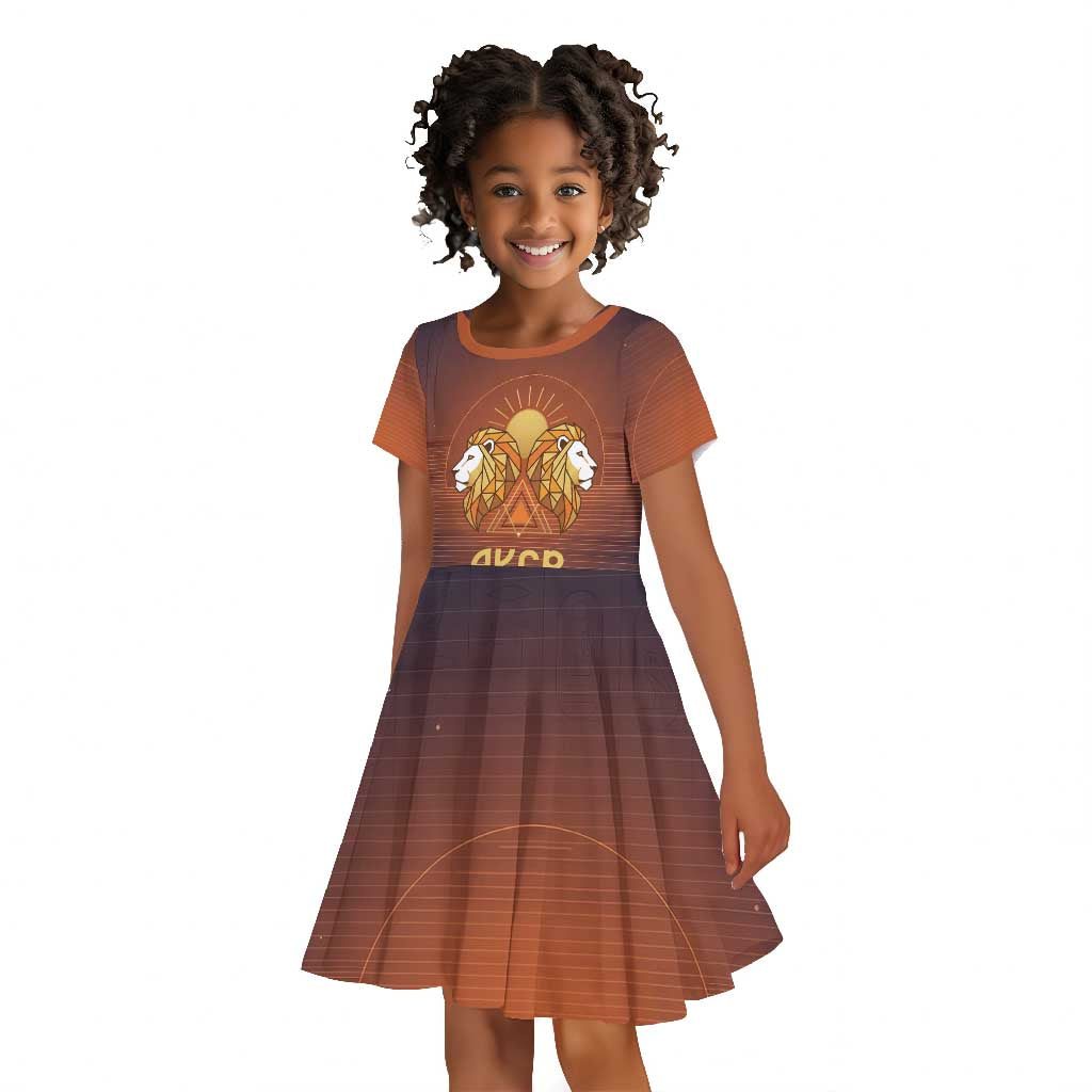 Aker Kid Short Sleeve Dress Ancient Egyptian Sunset Gradient, Twin Lion Guardians, and Solar Disc - Wonder Print Shop