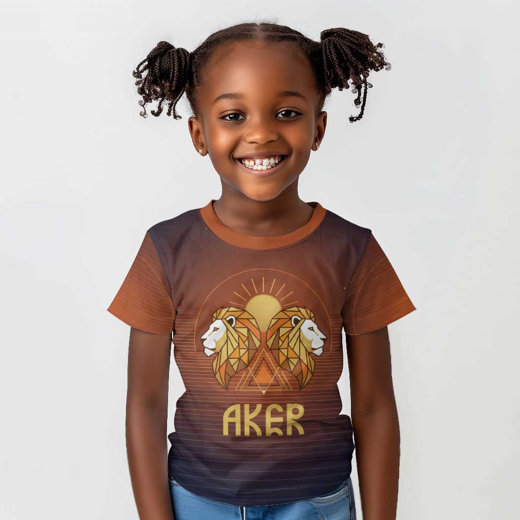 Aker Kid T shirt Ancient Egyptian Sunset Gradient, Twin Lion Guardians, and Solar Disc - Wonder Print Shop