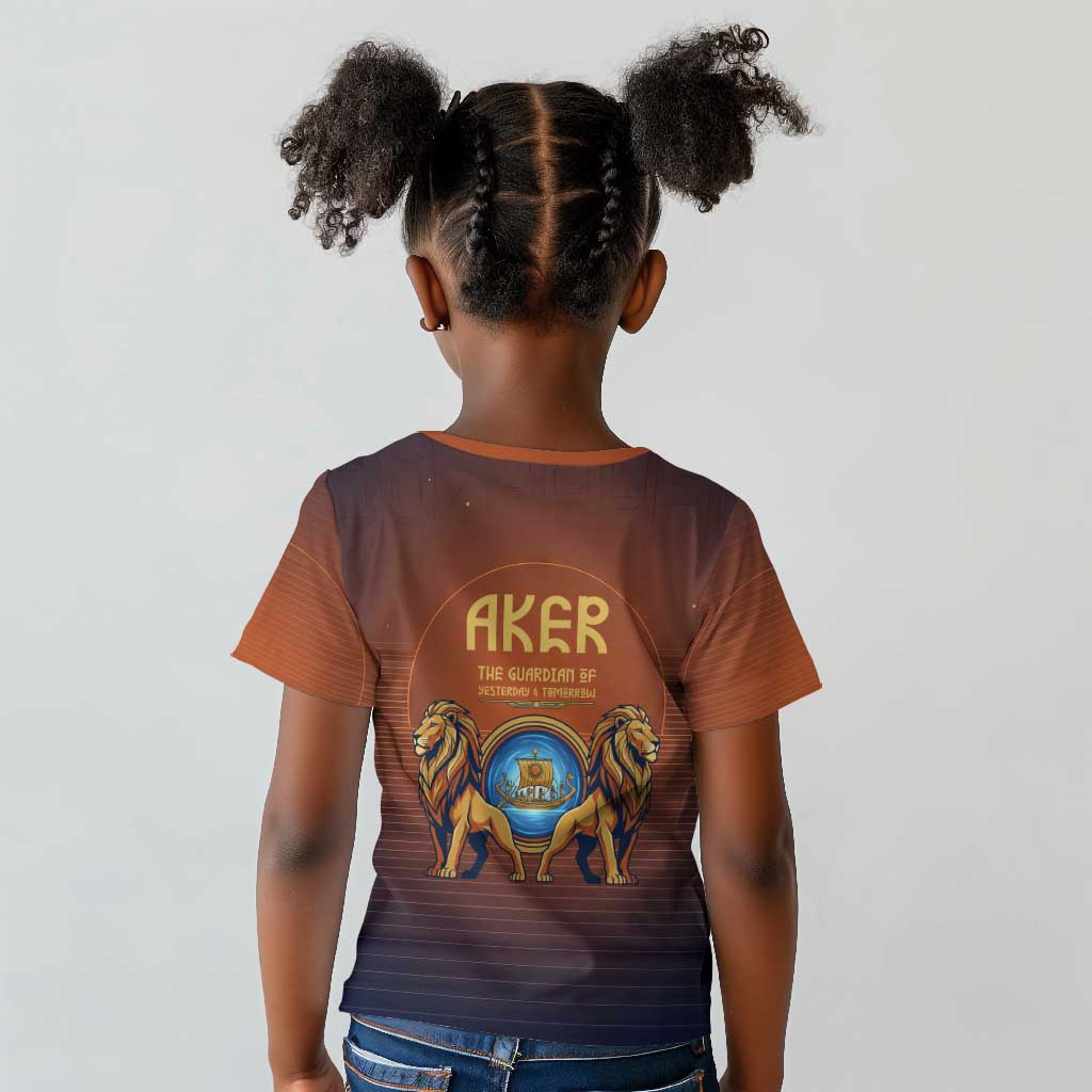 Aker Kid T shirt Ancient Egyptian Sunset Gradient, Twin Lion Guardians, and Solar Disc - Wonder Print Shop