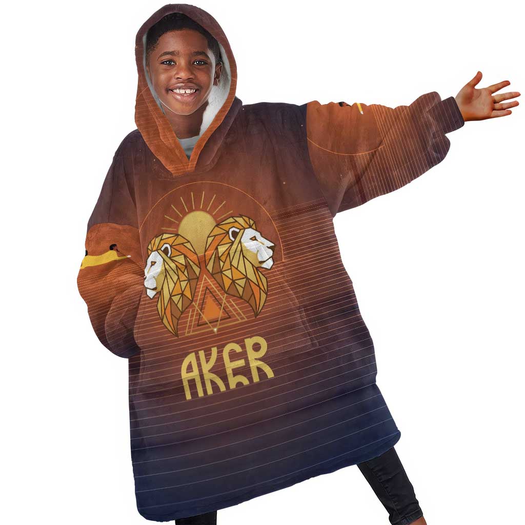Aker Kid Wearable Blanket Hoodie Ancient Egyptian Sunset Gradient, Twin Lion Guardians, and Solar Disc - Wonder Print Shop