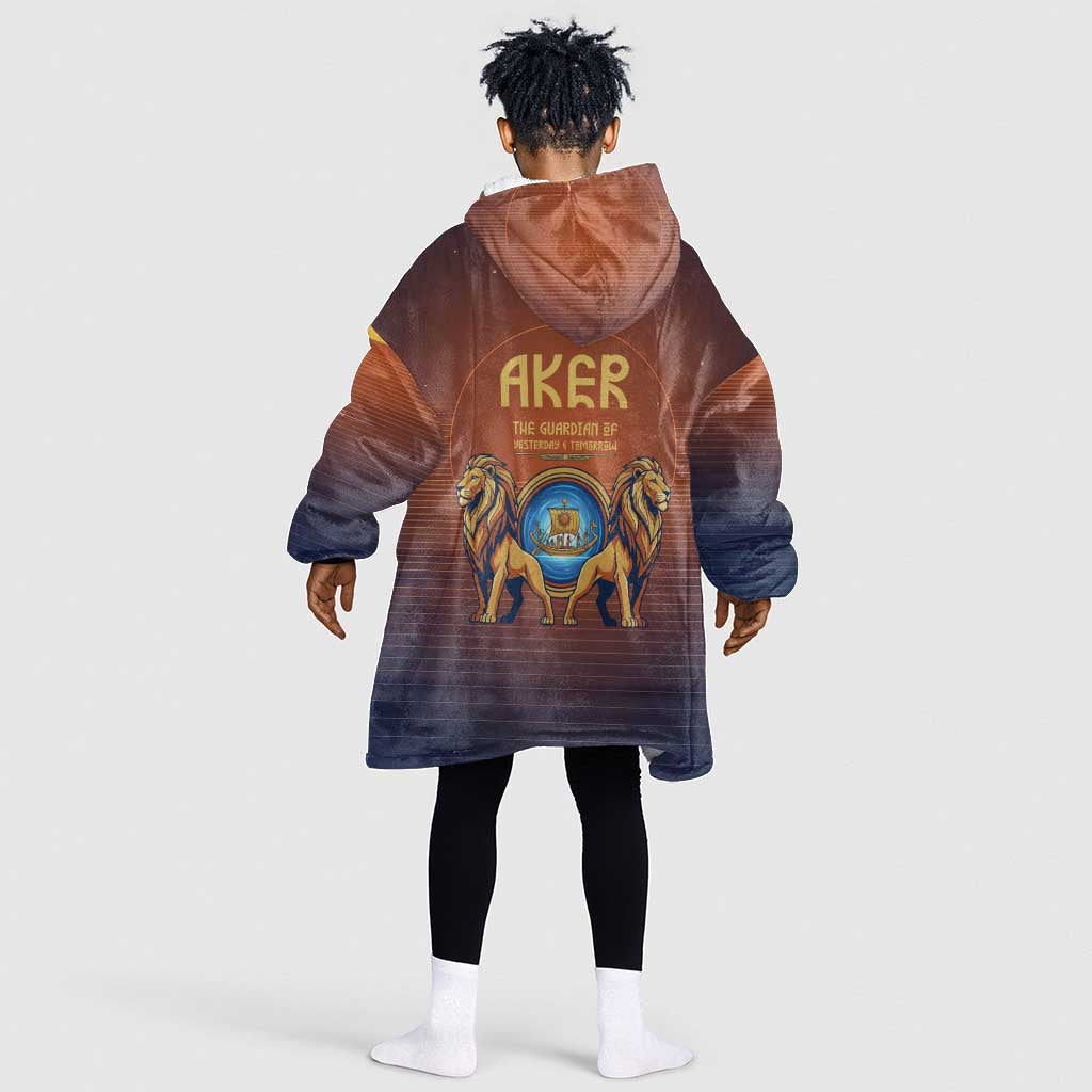 Aker Kid Wearable Blanket Hoodie Ancient Egyptian Sunset Gradient, Twin Lion Guardians, and Solar Disc - Wonder Print Shop
