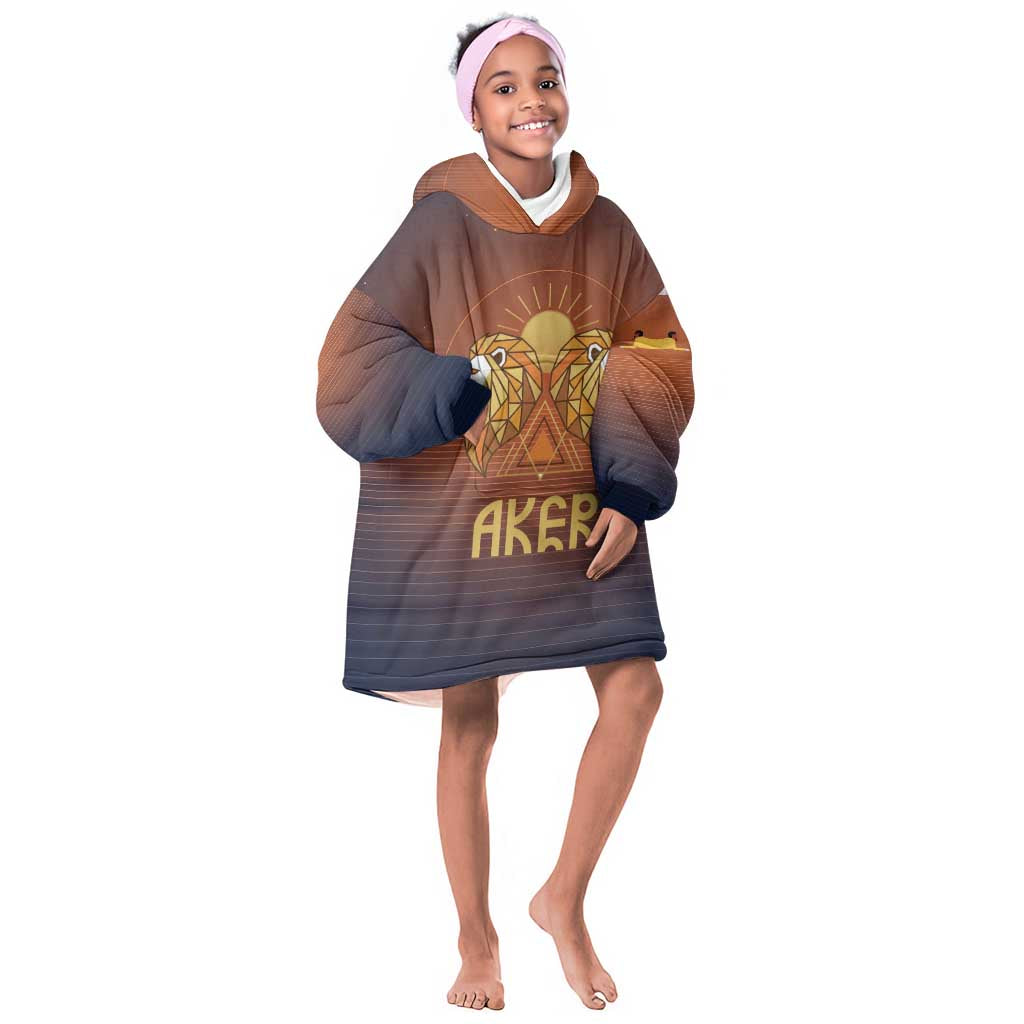 Aker Kid Wearable Blanket Hoodie Ancient Egyptian Sunset Gradient, Twin Lion Guardians, and Solar Disc - Wonder Print Shop