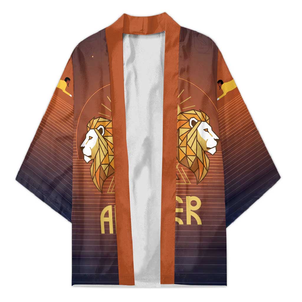 Aker Kimono Ancient Egyptian Sunset Gradient, Twin Lion Guardians, and Solar Disc - Wonder Print Shop