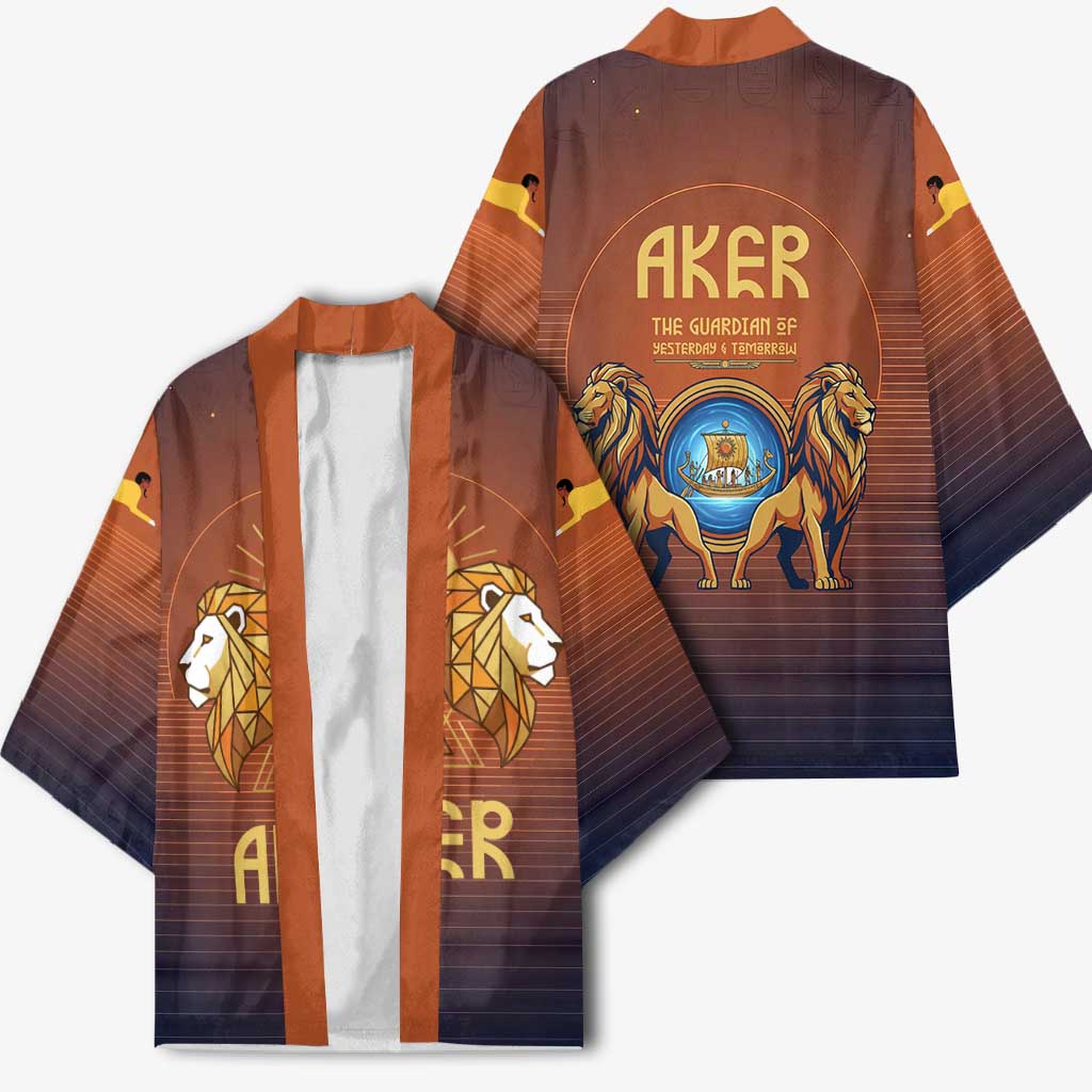Aker Kimono Ancient Egyptian Sunset Gradient, Twin Lion Guardians, and Solar Disc - Wonder Print Shop