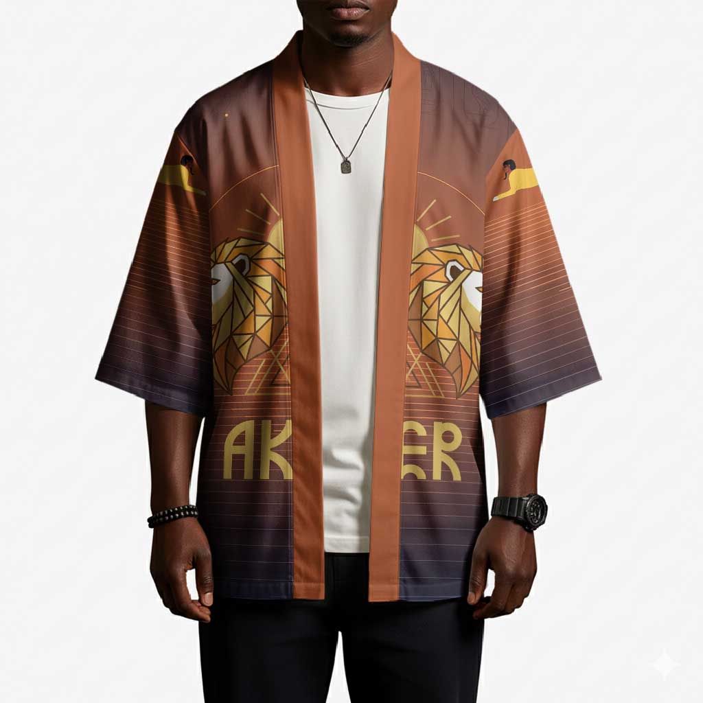 Aker Kimono Ancient Egyptian Sunset Gradient, Twin Lion Guardians, and Solar Disc - Wonder Print Shop