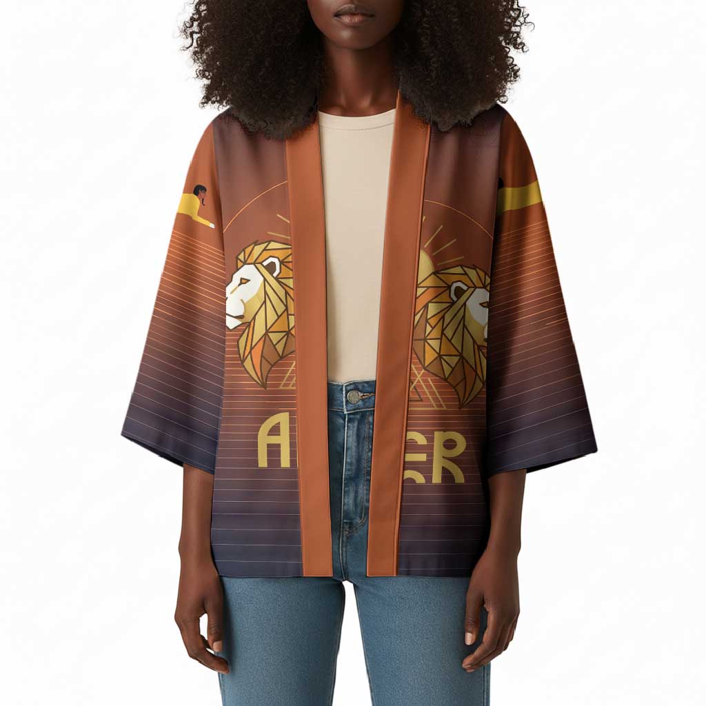 Aker Kimono Ancient Egyptian Sunset Gradient, Twin Lion Guardians, and Solar Disc - Wonder Print Shop