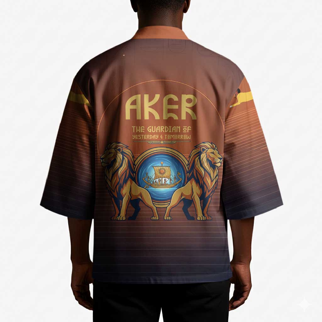 Aker Kimono Ancient Egyptian Sunset Gradient, Twin Lion Guardians, and Solar Disc - Wonder Print Shop