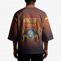 Aker Kimono Ancient Egyptian Sunset Gradient, Twin Lion Guardians, and Solar Disc - Wonder Print Shop