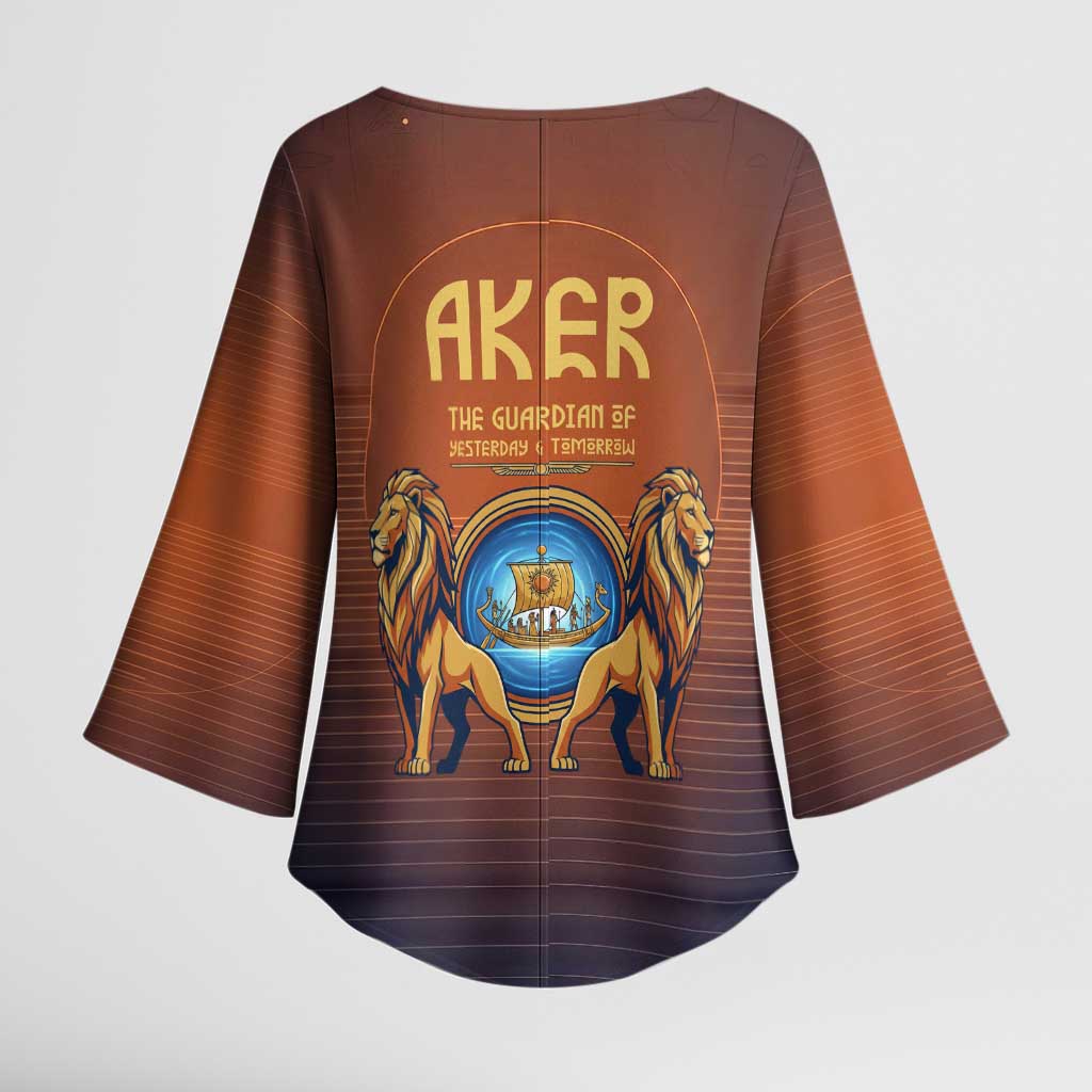 Aker Kimono Sleeve Blouse Ancient Egyptian Sunset Gradient, Twin Lion Guardians, and Solar Disc - Wonder Print Shop