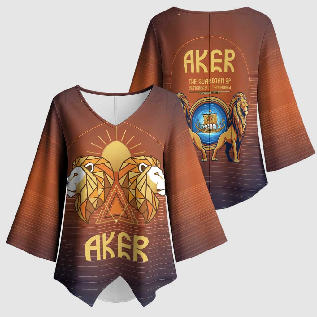 Aker Kimono Sleeve Blouse Ancient Egyptian Sunset Gradient, Twin Lion Guardians, and Solar Disc - Wonder Print Shop