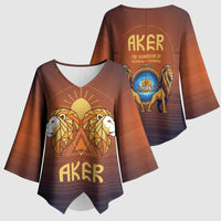Aker Kimono Sleeve Blouse Ancient Egyptian Sunset Gradient, Twin Lion Guardians, and Solar Disc - Wonder Print Shop