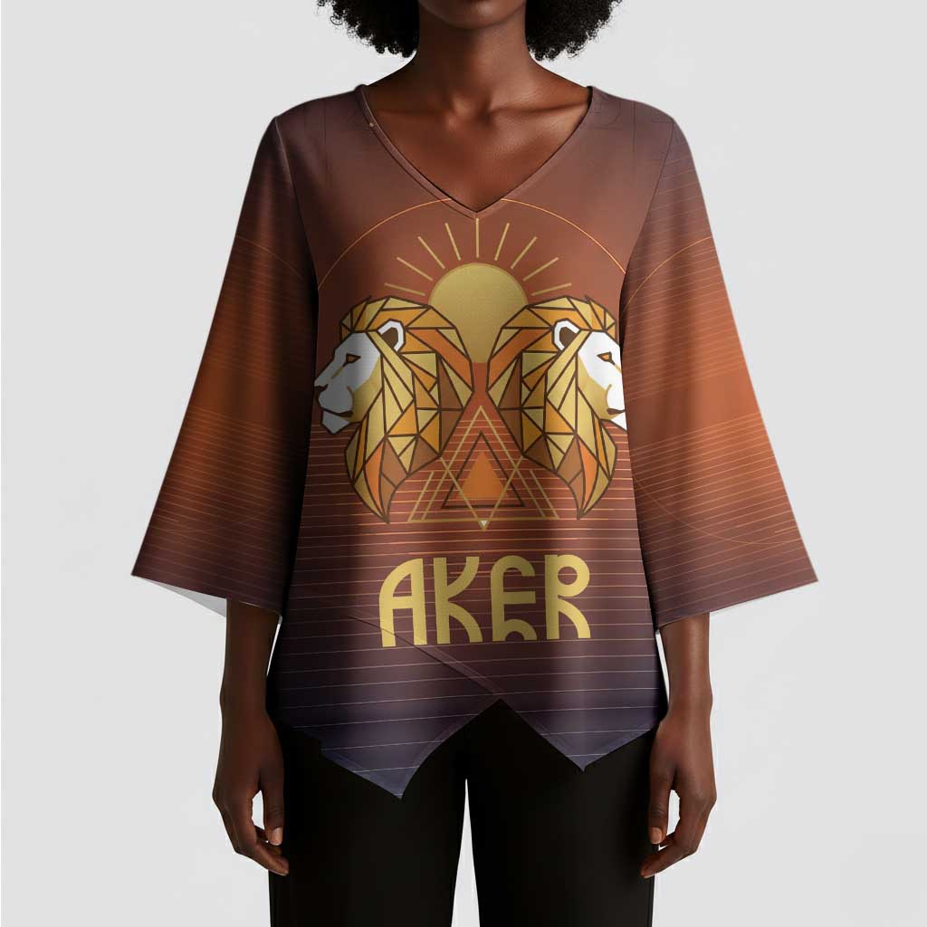 Aker Kimono Sleeve Blouse Ancient Egyptian Sunset Gradient, Twin Lion Guardians, and Solar Disc - Wonder Print Shop