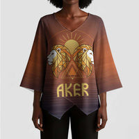 Aker Kimono Sleeve Blouse Ancient Egyptian Sunset Gradient, Twin Lion Guardians, and Solar Disc - Wonder Print Shop