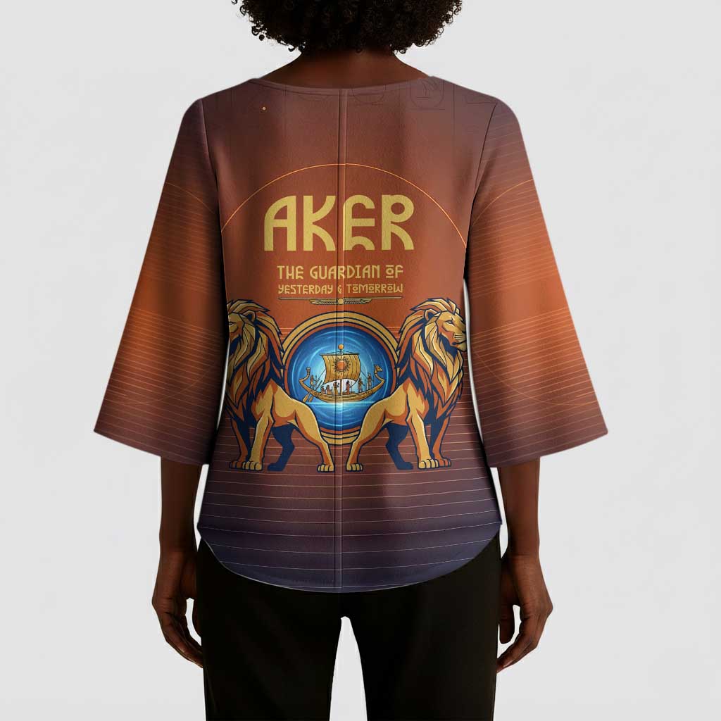 Aker Kimono Sleeve Blouse Ancient Egyptian Sunset Gradient, Twin Lion Guardians, and Solar Disc - Wonder Print Shop