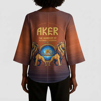 Aker Kimono Sleeve Blouse Ancient Egyptian Sunset Gradient, Twin Lion Guardians, and Solar Disc - Wonder Print Shop