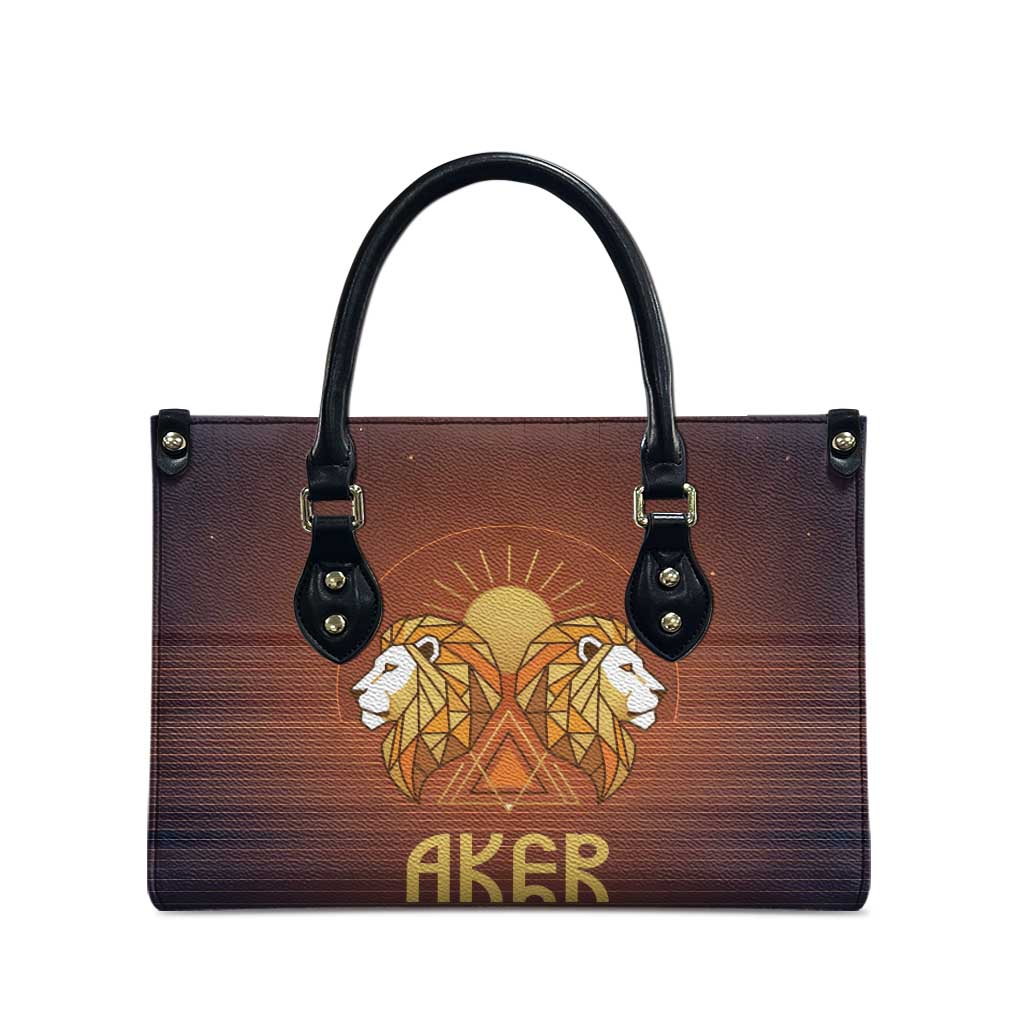 Aker Leather Bag Ancient Egyptian Sunset Gradient, Twin Lion Guardians, and Solar Disc - Wonder Print Shop