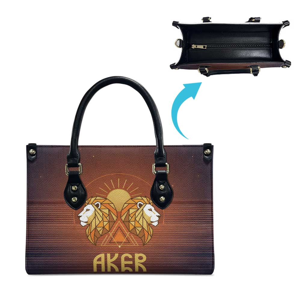 Aker Leather Bag Ancient Egyptian Sunset Gradient, Twin Lion Guardians, and Solar Disc - Wonder Print Shop