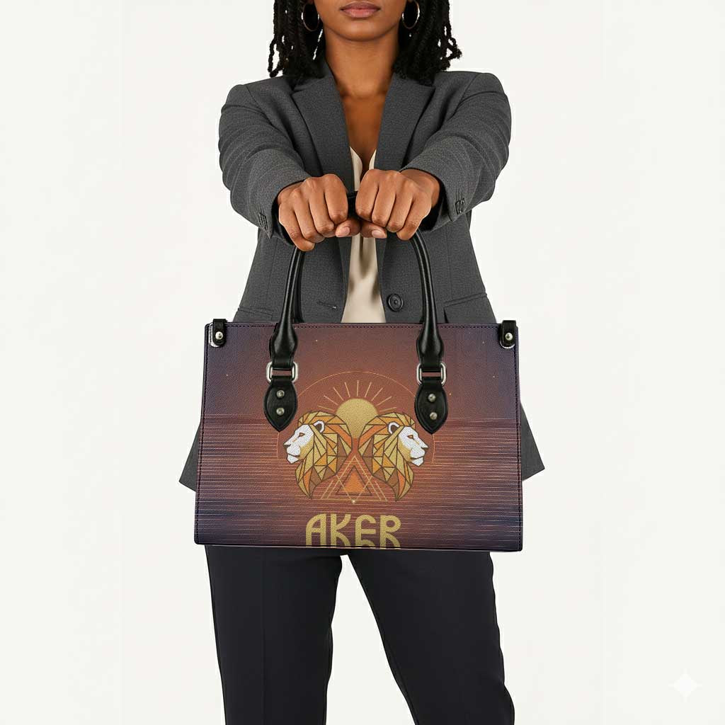 Aker Leather Bag Ancient Egyptian Sunset Gradient, Twin Lion Guardians, and Solar Disc - Wonder Print Shop