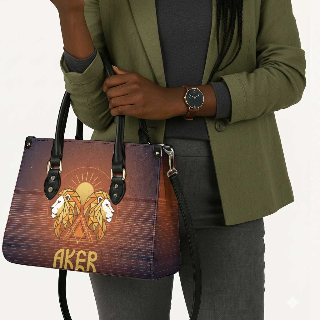 Aker Leather Bag Ancient Egyptian Sunset Gradient, Twin Lion Guardians, and Solar Disc - Wonder Print Shop