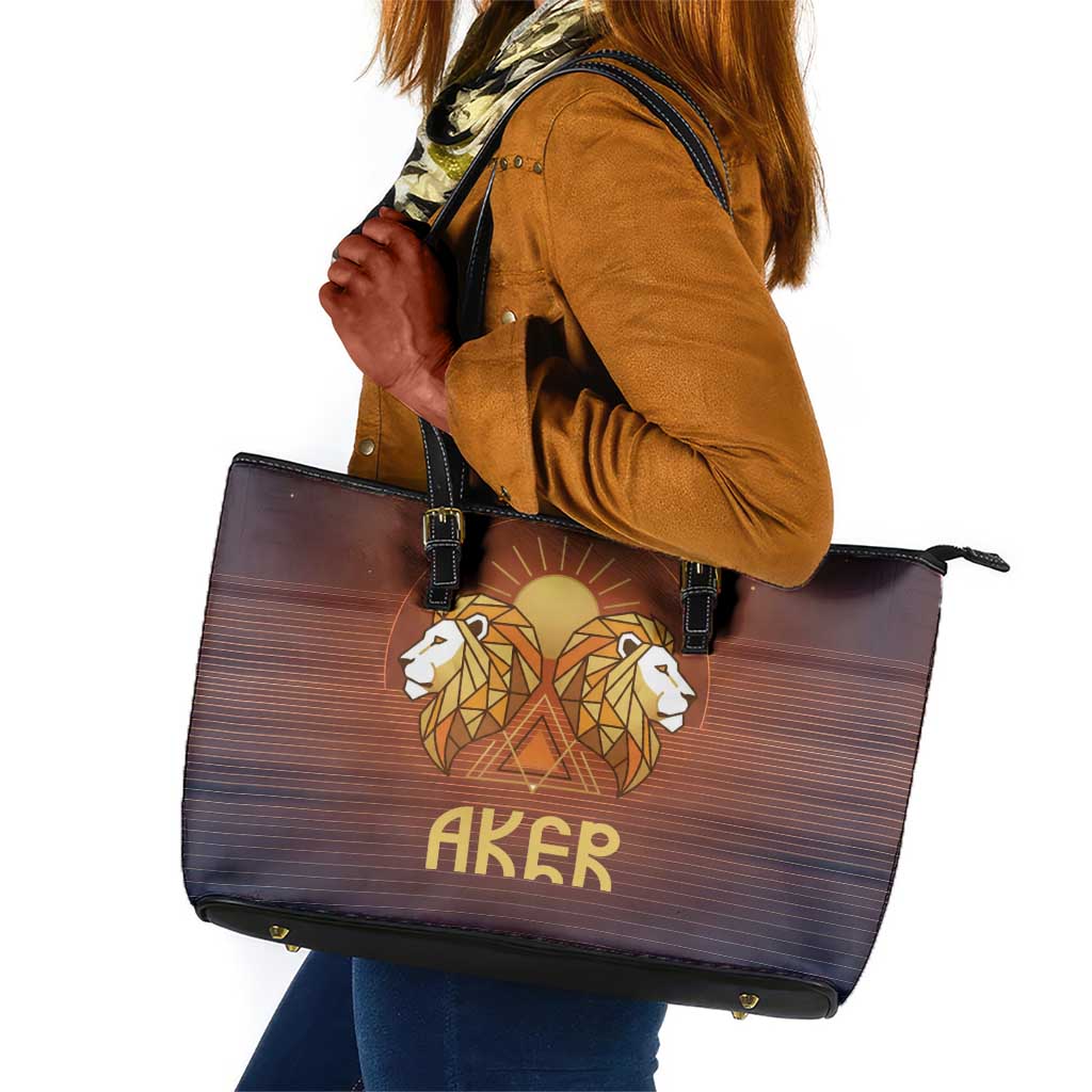 Aker Leather Tote Bag Ancient Egyptian Sunset Gradient, Twin Lion Guardians, and Solar Disc - Wonder Print Shop