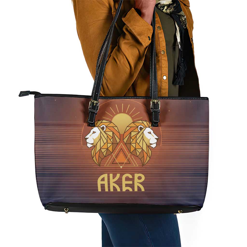 Aker Leather Tote Bag Ancient Egyptian Sunset Gradient, Twin Lion Guardians, and Solar Disc - Wonder Print Shop