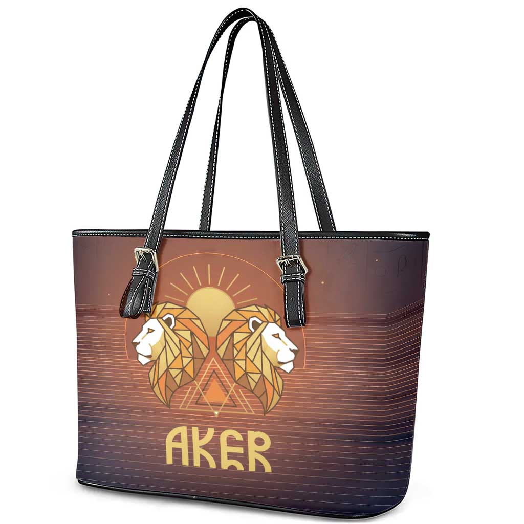 Aker Leather Tote Bag Ancient Egyptian Sunset Gradient, Twin Lion Guardians, and Solar Disc - Wonder Print Shop