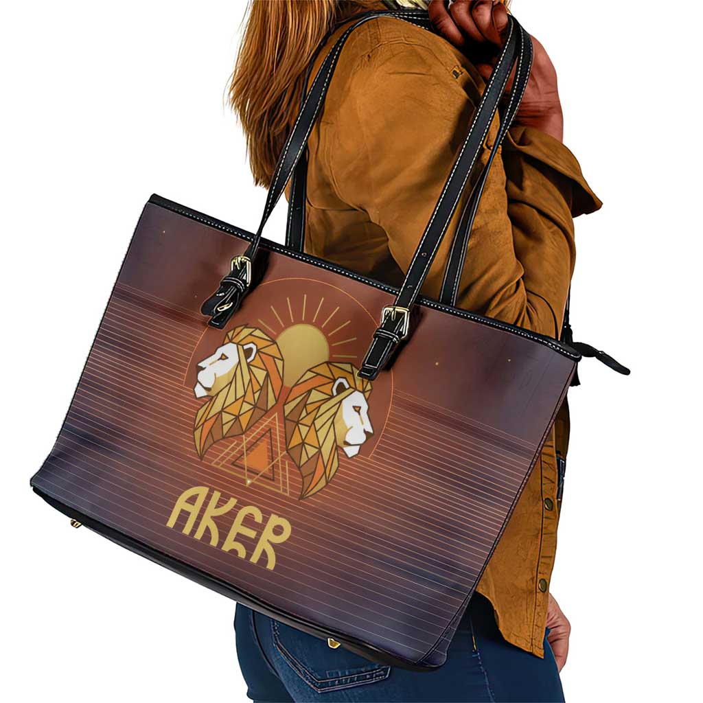 Aker Leather Tote Bag Ancient Egyptian Sunset Gradient, Twin Lion Guardians, and Solar Disc - Wonder Print Shop