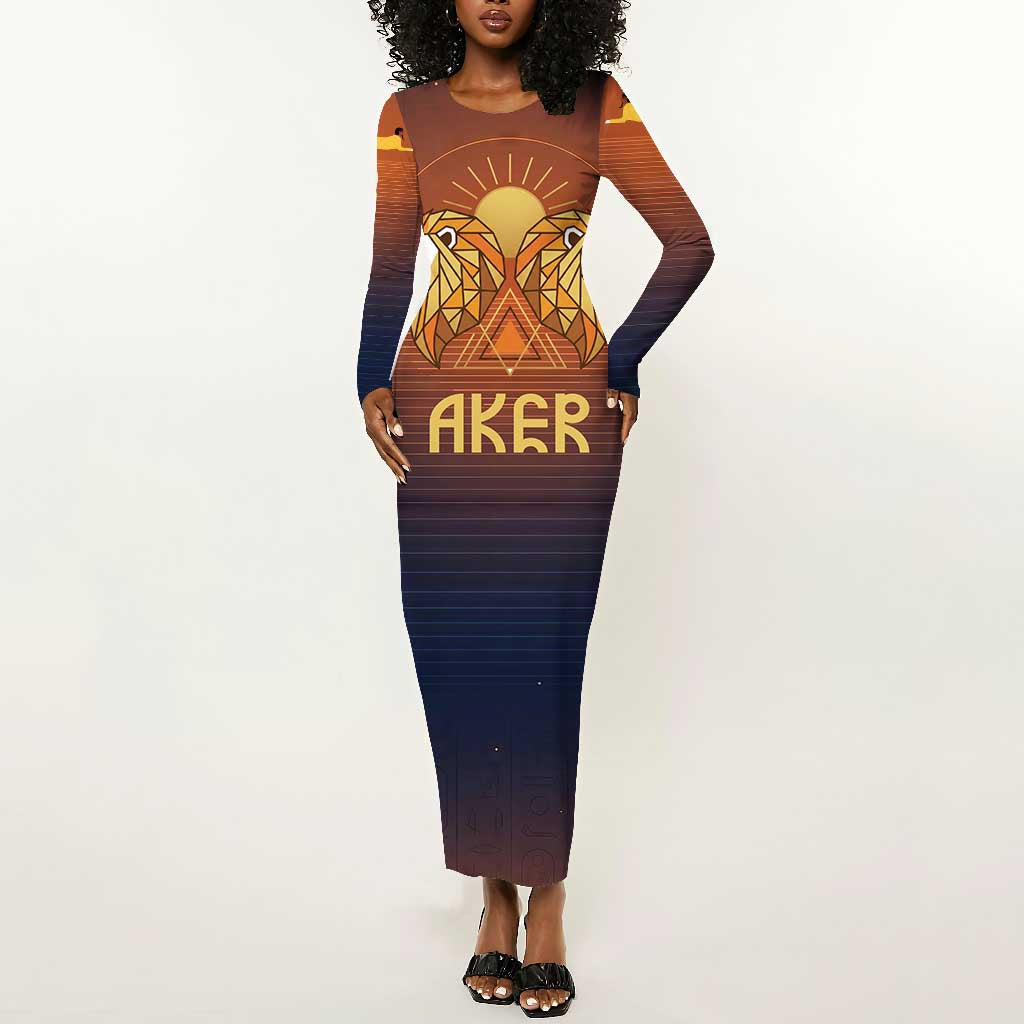 Aker Long Sleeve Bodycon Dress Ancient Egyptian Sunset Gradient, Twin Lion Guardians, and Solar Disc - Wonder Print Shop